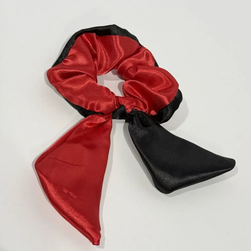Handmade Red Black Satin Scrunchie Scarf Bow Hair Tie Ponytail Holder